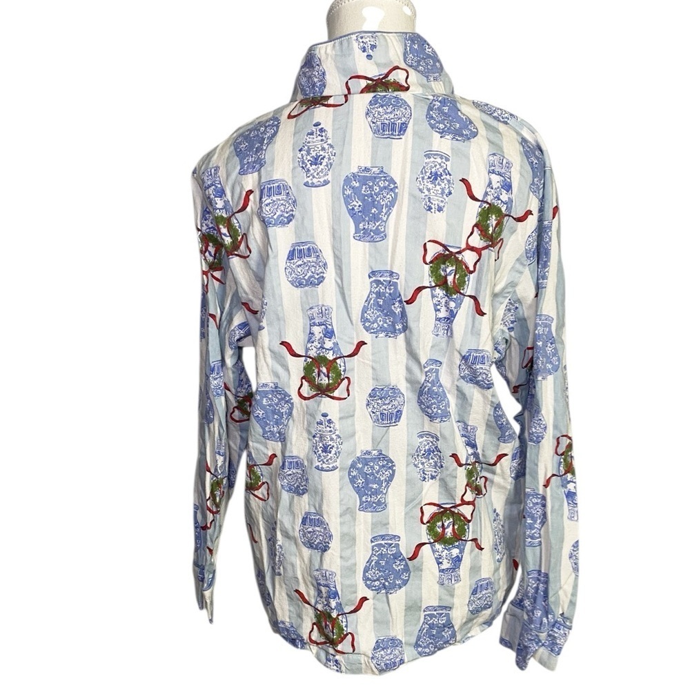 8 Oak Lane Blue and White Cotton Button Down Pajama Top - Picture 2 of 13